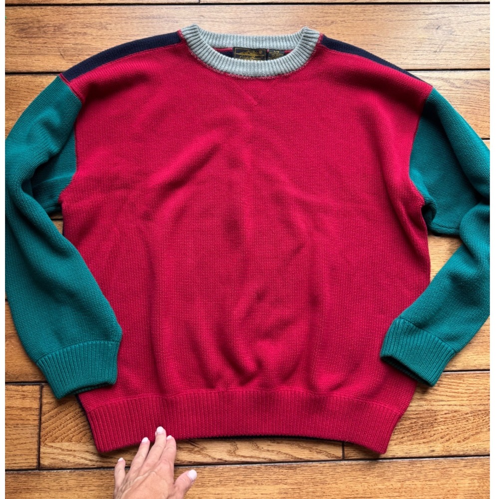 Vintage 90s Eddie Bauer Mens L Fisherman Colorblock Cotton Crewneck Knit Sweater